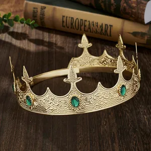 European vintage gold crown for men, royal king tiara with green gems for party wedding.