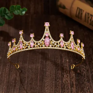 Kids princess gold crown tiara with pink crystal rhinestones for birthday party hair accessories
