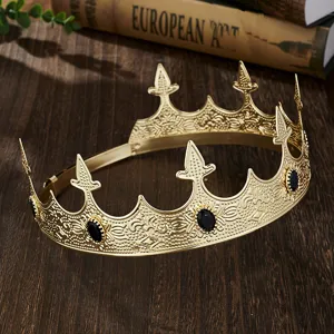 Exquisite gold king crown headpiece with black gems for men, ideal for party and prom.
