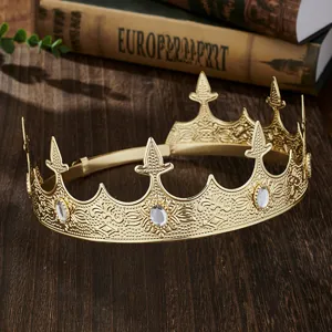 Gold king crown tiara for men, vintage metal court headpiece for wedding and party event.