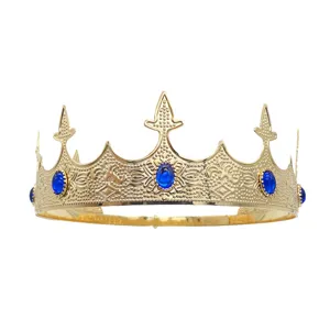 Exquisite details of gold king crown with blue faux gems, perfect costume accessory.
