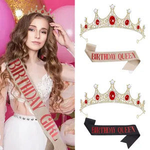 Birthday Queen Crown And Sash Set Alloy Rhinestone Crystal Tiara Birthday Girl Sash Birthday Party Decoration For Women Gift