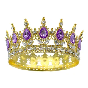 Couronne de cristal or baroque avec strass goutte violette pour mariage mariee fete spectacle.