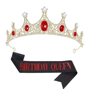 Crystal birthday tiara and sash set for women, perfect birthday party headwear accessory.