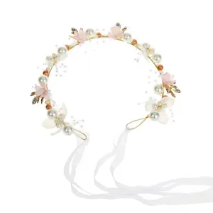 Kids floral crown headband with pearls and pink flowers, perfect for party performance girls.