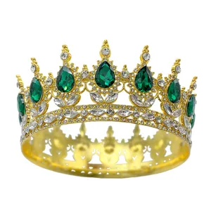Couronne de tiare ronde en or vintage baroque avec des strass en cristal vert en forme de larmes