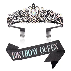 Schwarze Strass Tiara Krone und Geburtstag Queen Schärpe Set für Party Fotografie Requisiten.