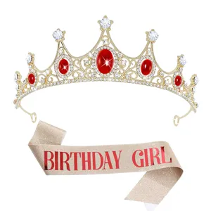 Crystal birthday crown and glitter sash set for women girls party celebration headwear