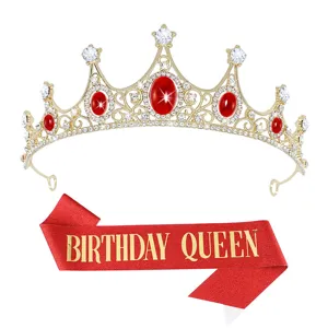Crystal birthday crown and red queen sash set for women party wear hair accessories
