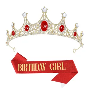 Birthday tiara and sash set with red gems, golden crown for birthday party celebration.