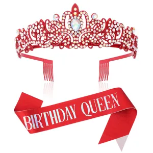 Rote Strass Geburtstag Krone Tiara und Schärpe Set Details zeigen funkelnde Kristallsteine.