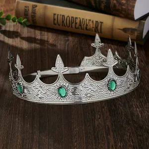 Exquisite silver crown detail with green gems, perfect for royal court parties and weddings.