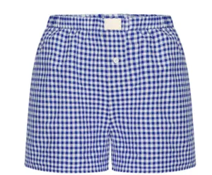 Detail view of blue and white checkered high-waisted wide-leg women's casual shorts