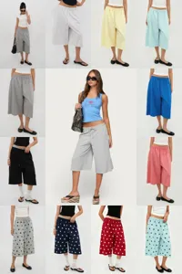 Collage of women's retro wide-leg capri sweatpants in various solid colors and polka dots.