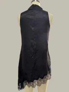 Women black satin halter sleeveless top with asymmetric lace hem casual chic summer wear