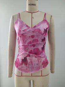 Pink floral mesh camisole detail showing V-neck design, ruched ruffles, and soft sheer fabric.