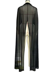 Detailed view of the sheer black long chiffon cape's fabric and drape