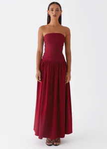 Elegant wine red strapless maxi dress for women summer evening party wear.