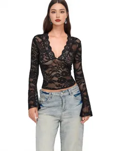 Women's Sexy Deep V-Neck Slim Long Sleeve Black Lace Top Fall Fashion Chic Apparel