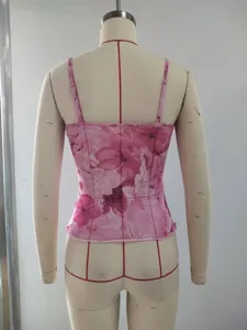 Pink floral print camisole back view, slim fit sexy summer tank top for women.