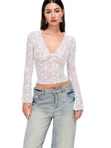Sexy deep V-neck long sleeve lace crop top for women, front view white top style.