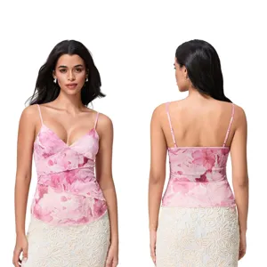 Women's Sexy V-Neck Slim Fit Camisole Polyester Tie-Dye Floral Print Sleeveless Tank Top Summer Fashion Streetwear
