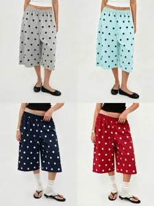 Set of four colors of retro polka dot wide-leg cropped pants with drawstring waist