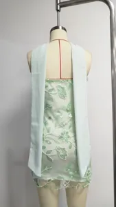 Detailed view of back of light green sequined floral tube dress with matching shawl