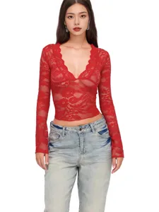 Women red sheer lace long sleeve V-neck crop top slim fit casual stylish apparel