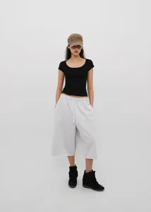 Full body view of women's casual vintage grey drawstring wide-leg cropped sweatpants