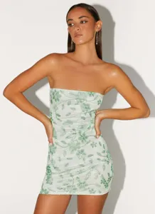 Detailed view of a summer strapless bodycon mini dress with green floral sequin embroidery