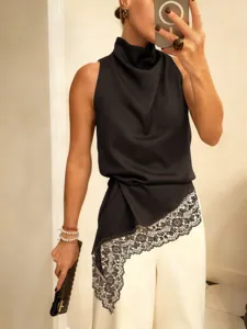 Women's Satin Halter Neck Asymmetric Lace Trim Vest Top Casual Elegant Chic Summer
