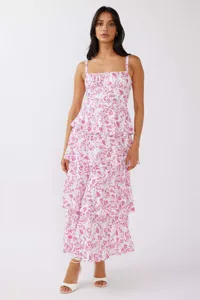 Elegant white and pink floral tiered maxi dress with spaghetti straps for summer wear