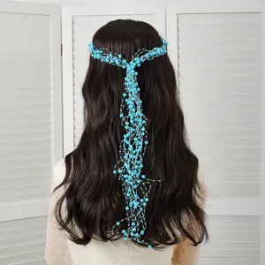 Bijou de cheveux de mariée perles bleues tressé multicouche accessoire de mariage.