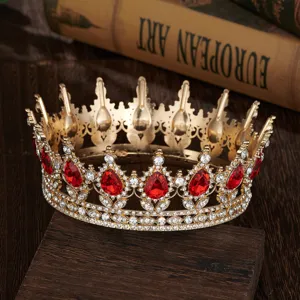 Baroque vintage gold round crown tiara with red teardrop rhinestones for bridal weddings.