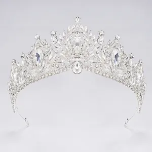 Detailed view of exquisite silver baroque crystal tiara with sparkling rhinestones for brides.
