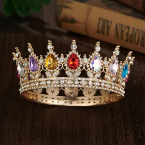 Baroque vintage round crown bridal tiara with colorful teardrop rhinestones for wedding.