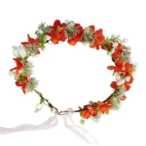 Orange floral crown bridal hair wreath forest style wedding headband with white ribbons