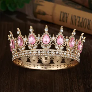 Baroque gold crown tiara with pink teardrop rhinestones for bridal wedding party hair accessories