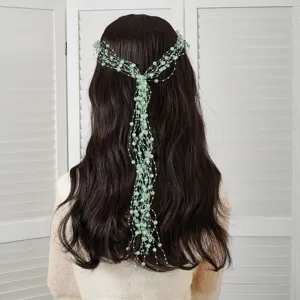 Accessoire de cheveux de mariée perles vertes multicouche fait main élégant chignon