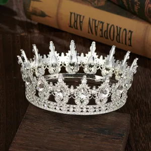 Baroque silver rhinestone round tiara bridal wedding queen crown pageant hair accessory.