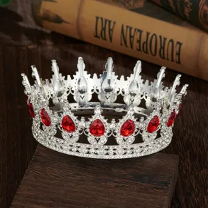 Baroque round crown bridal tiara with red teardrop rhinestones for wedding and pageant.