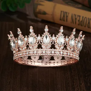 Baroque rose gold rhinestone crown tiara, sparkling crystal pageant queen headpiece.