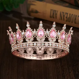Rose gold baroque bridal crystal crown with pink teardrop rhinestones for wedding party