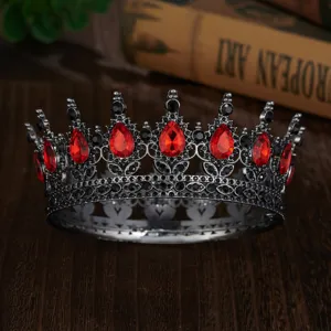 Baroque vintage black alloy round crown with red teardrop rhinestones for bridal wedding.
