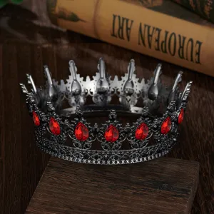 Baroque vintage black metal tiara crown with red teardrop rhinestones for bridal wedding party.