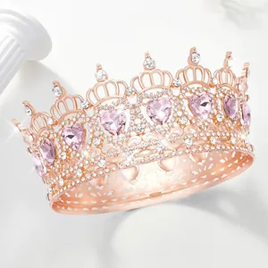 Tiara de corona de oro rosa con cristales de corazones rosas accesorios de pelo de boda