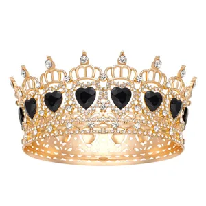 Corona dorada barroca con piedras de corazón negro y brillantes diamantes de imitación para bodas.