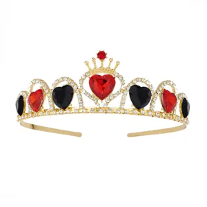 Gold alloy tiara with red and black heart rhinestones for kids party hair accessories