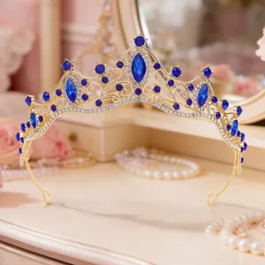 Goldene Vintage Braut Krone Diadem mit blauen Kristall Strasssteinen Hochzeit Haar Zubehör